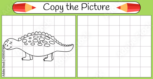 Funny dinosaur. Copy the picture. Coloring book. Educational game for children. Cartoon vector illustration