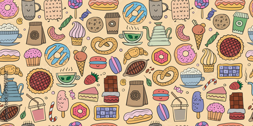 Coffee shop menu elements. Desserts and sweets. Hand drawn sketch. Seamless p...