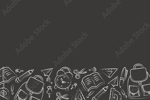 hand drawn dark background back to school with a portfolio of watches and school supplies