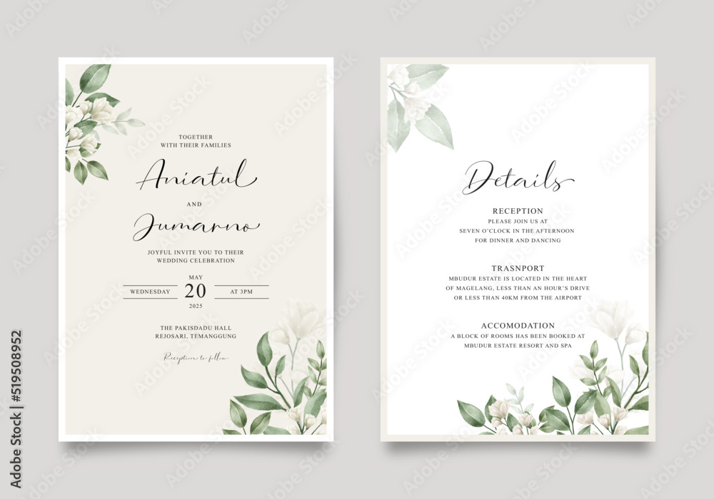 Elegant double sided wedding invitation with watercolor floral