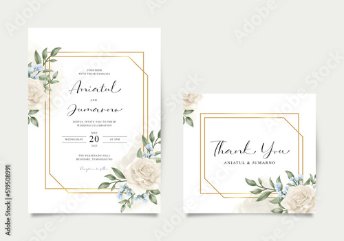 Elegant wedding invitation with yellow roses and gold geometry