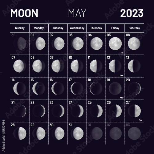 May lunar calendar for 2023 year, monthly cycle planner. Astrological schedule with lunar phases and cycles on black night background vector illustration