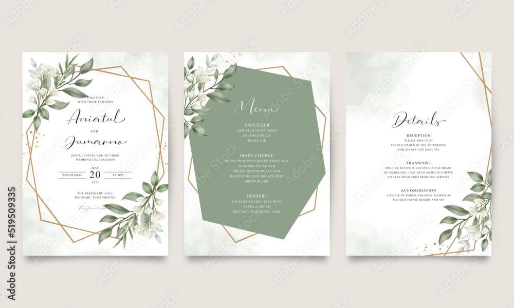 Wedding invitation set with green flowers and leaves