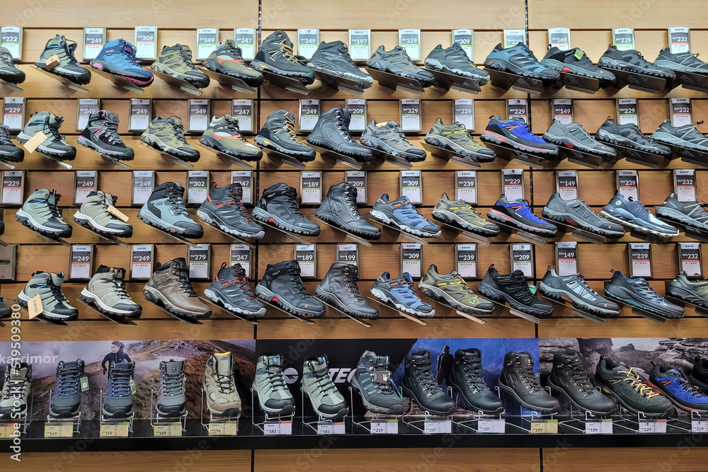 PENANG, MALAYSIA 14 JUNE 2022 Various brands trendy hikin shoe