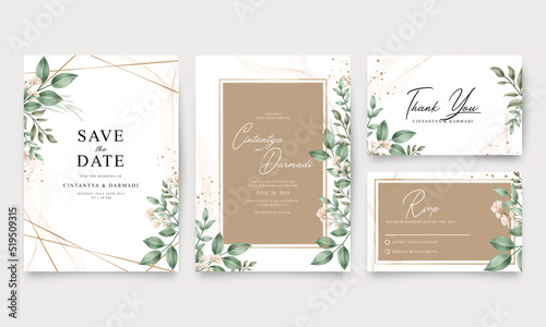 Wedding invitation set with gold geometric and watercolor floral