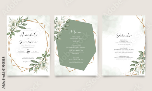 Wedding invitation set with green flowers and leaves