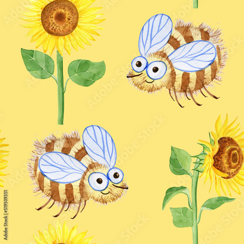Cute bees and sunflower flowers childish funny seamless pattern. Hand drawn watercolor illustration of a flying insect over yellow flowers. Endless background. Children s print for clothes and wrappin