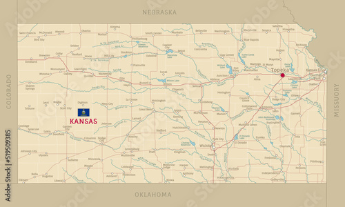 Road map of Kansas  US American federal state. Editable highly detailed Kansasian transportation map with highways and interstate roads  rivers and cities realistic vector illustration