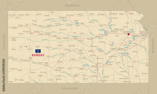 Road map of Kansas, US American federal state. Editable highly detailed Kansasian transportation map with highways and interstate roads, rivers and cities realistic vector illustration