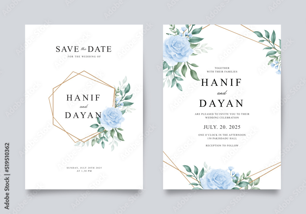 Double sided wedding invitation set with geometric watercolor floral frame