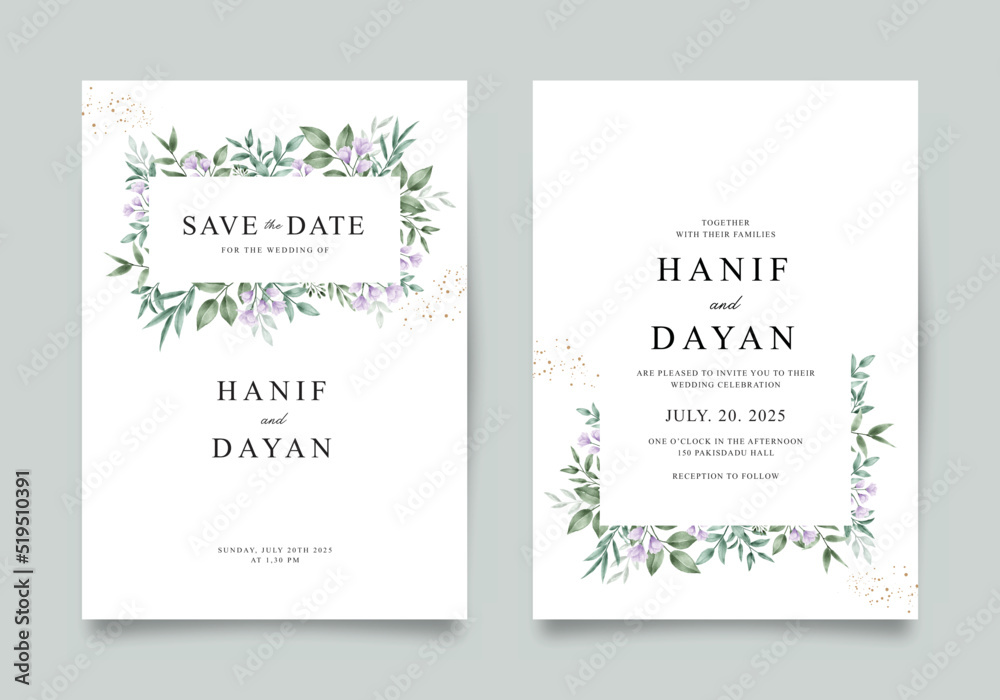 Beautiful wedding invitation template with purple flowers and leaves