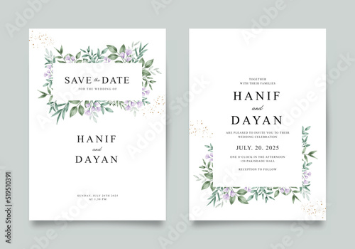 Beautiful wedding invitation template with purple flowers and leaves