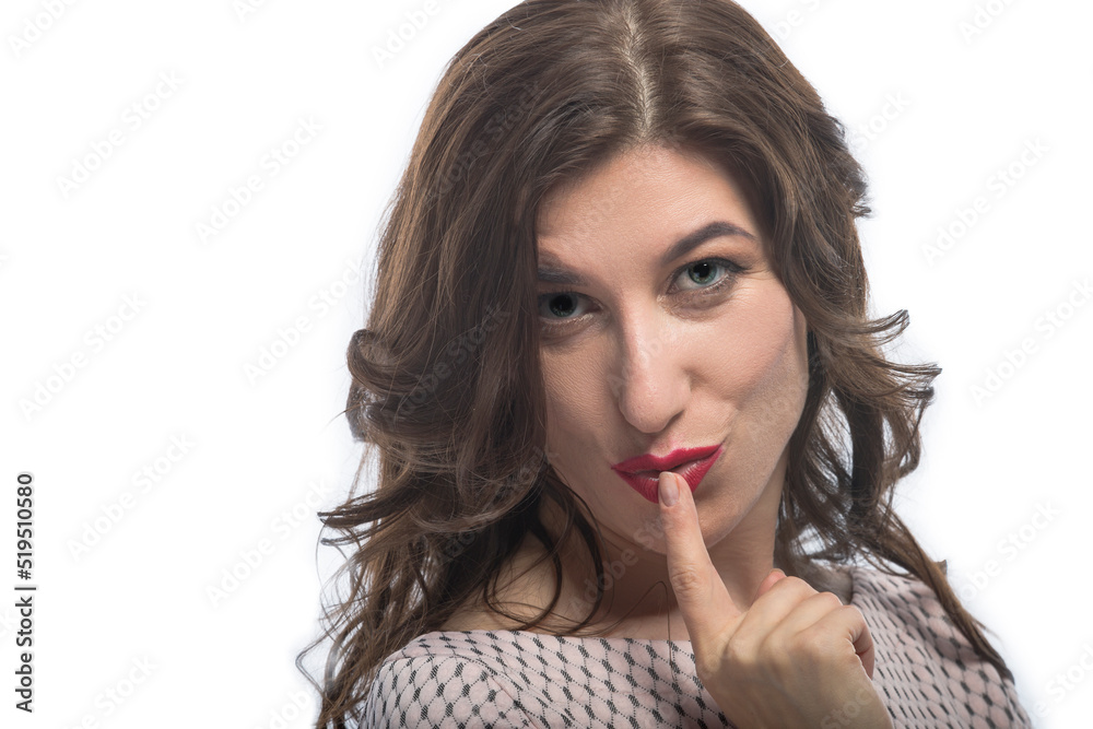 One Winsome Caucasian Brunette Woman Making Hush Sign Isolated on White. One Winsome Caucasian Brunette Woman Making Hush Sign Isolated on White.