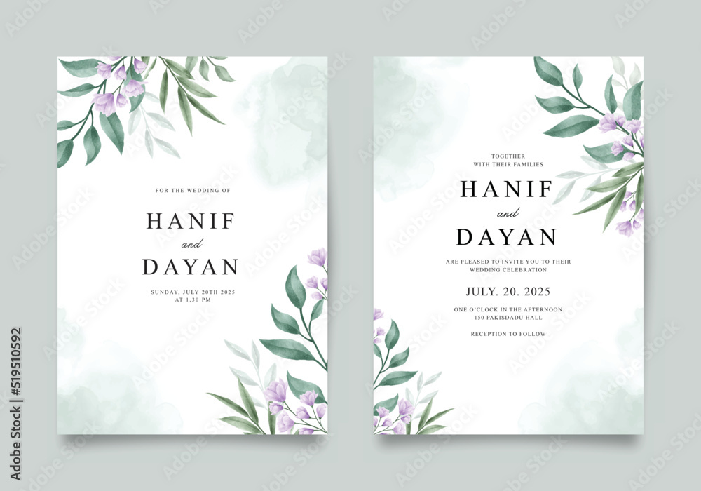 Elegant wedding invitation template with floral purple watercolor