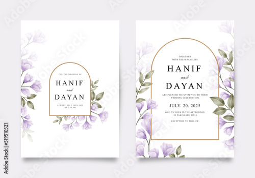 Elegant double sided wedding invitation set with purple flowers and leaves