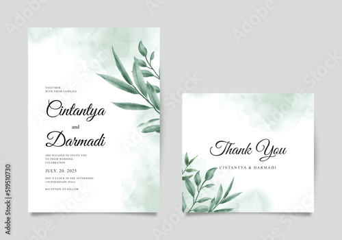 Wedding invitations set with watercolor greenery