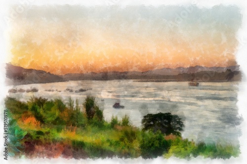 Mekong river landscape of Thailand watercolor style illustration impressionist painting.