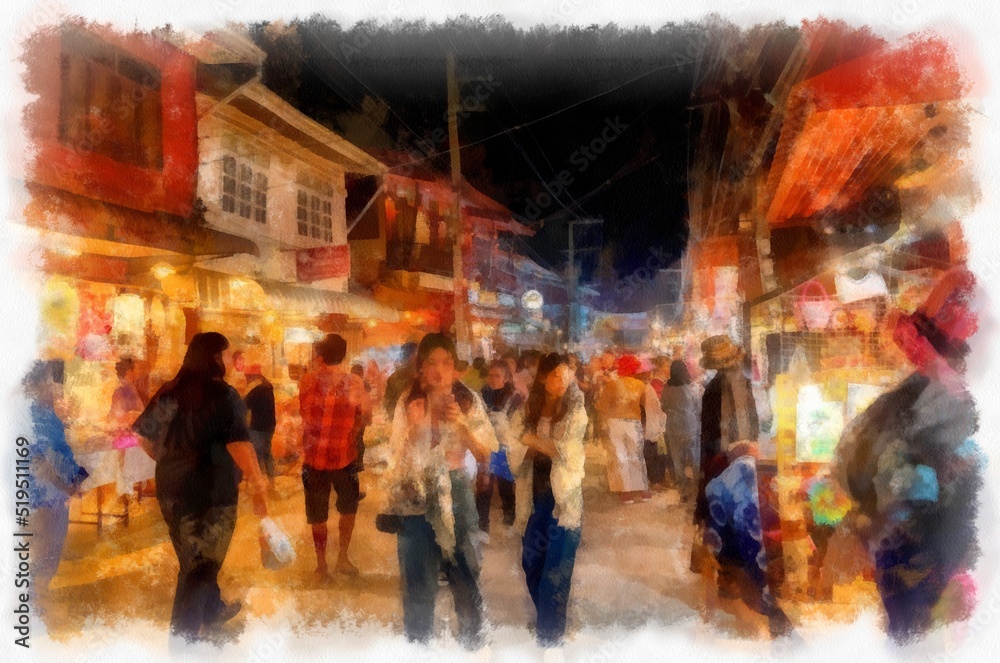 People and lifestyle activities and colors of the tourist night market of rural Thailand watercolor style illustration impressionist painting.