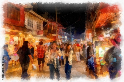 People and lifestyle activities and colors of the tourist night market of rural Thailand watercolor style illustration impressionist painting. © Kittipong