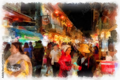 People and lifestyle activities and colors of the tourist night market of rural Thailand watercolor style illustration impressionist painting. © Kittipong