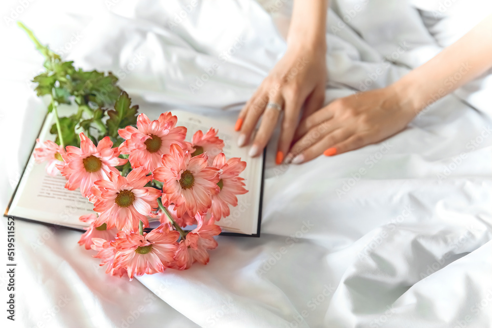 beautiful pink chrysanthemum flowers on an open book in bed. Women's hands touch the book. reading in bed. selective focus beautiful pink chrysanthemum flowers on an open book in bed. Women's hands touch the book. reading in bed. selective focus