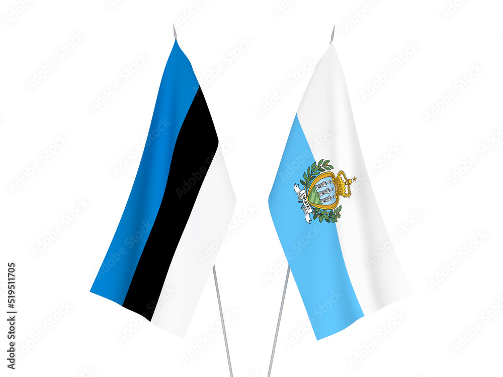 National fabric flags of San Marino and Estonia isolated on white background. 3d rendering illustration. National fabric flags of San Marino and Estonia isolated on white background. 3d rendering illustration.