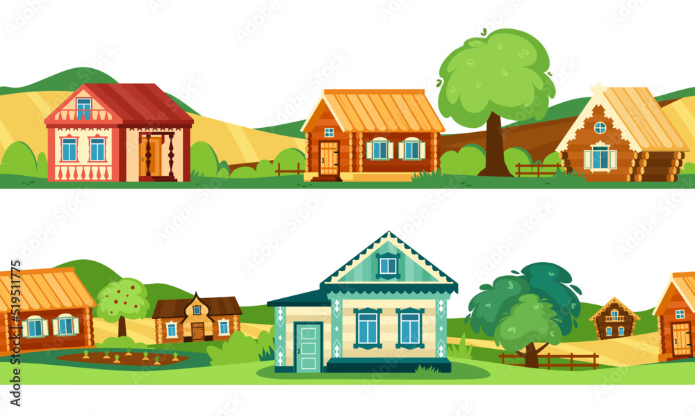 rural landscape. russian authentic backgrounds with wooden houses. Vector horizontal seamless template for game design projects
