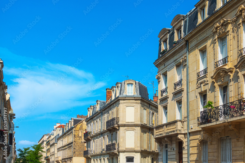 Reims, FRANCE - July 23, 2022: Street view of downtown Reims, France