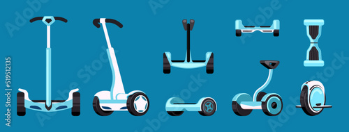 Segway. gyro scooter monowheel hoverboard safety and fast eco electric transport for moving in city. Vector urban vehicles segway