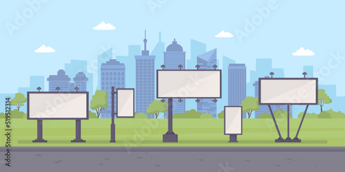 billboards. city landscape with blank ads billboards outdoor banners mockup templates. Vector urban background