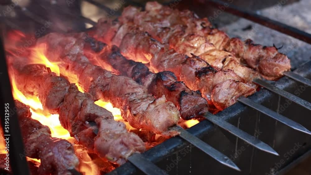 barbecue grill on the fire. close-up. picnic in nature. barbecue grill on the fire. close-up. picnic in nature.