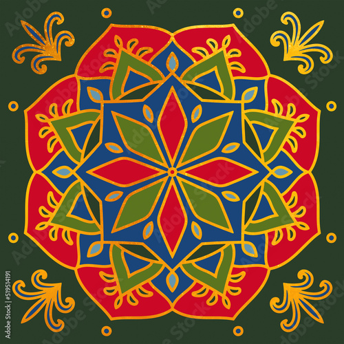 Ethnic gold mandala with folk geometric elements, and leaves on a green background. Oriental vintage ornament. Seamless pattern for the tile