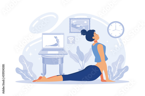Yoga studios streaming online classes. Girl watching online sport tutorials on a laptop and working out at home. flat vector illustration