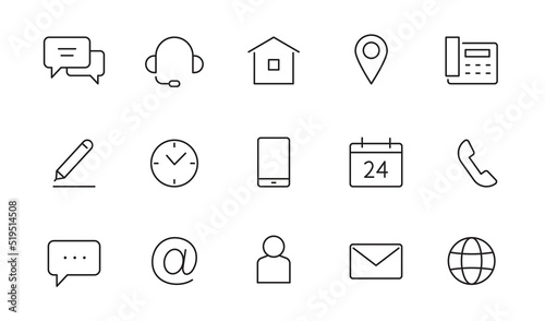 Contact, address line icon set. Mail, telephone adress, message symbol for website button. Editable stroke thin line design icon set. Vector illustration.