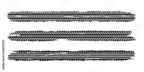 Auto tire tread grunge set. Car and motorcycle tire pattern, wheel tyre tread track. Black tyre print. Vector illustration isolated on white background.