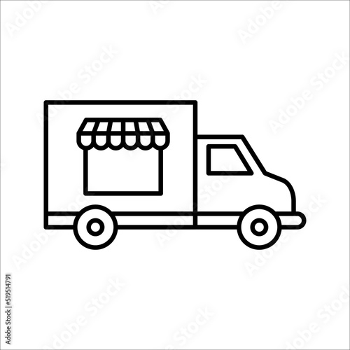 Street food truck icon. Mobile cafe car illustration on white background. Festival shop transport to cook and sell meals