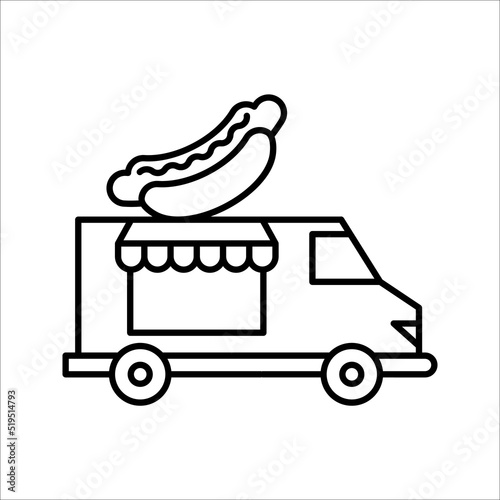 Street food truck icon. Mobile cafe car illustration on white background. Festival shop transport to cook and sell meals