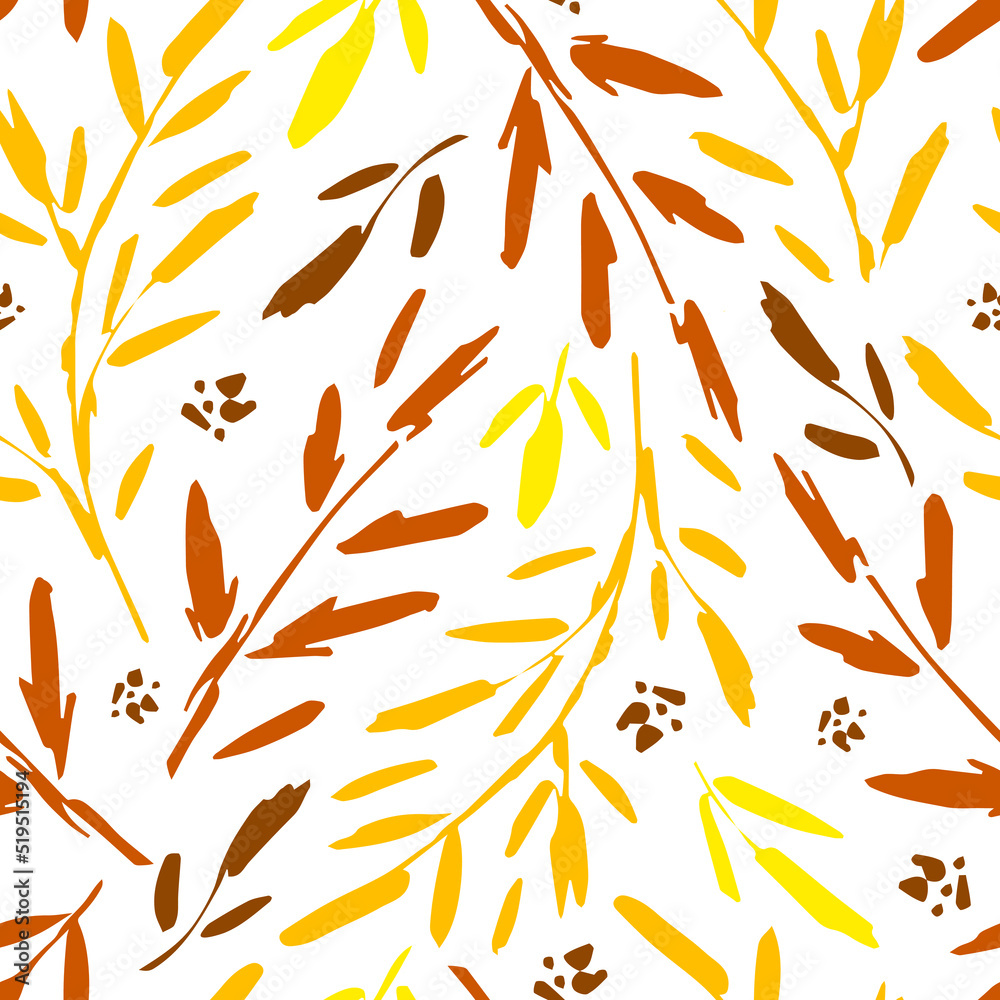 Simple floral vector seamless pattern. Dry leaves, branch and twig on a white background. For fabric prints, textiles. Autumn summer collection.