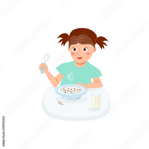 A little girl is having breakfast at the table. Cereal and a glass of milk for breakfast. Vector