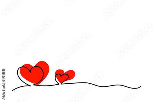 Two red hearts with watercolor spots. Valentine's day. Continuous line drawing. Holiday card, romantic, wedding design elements. Symbol of love.