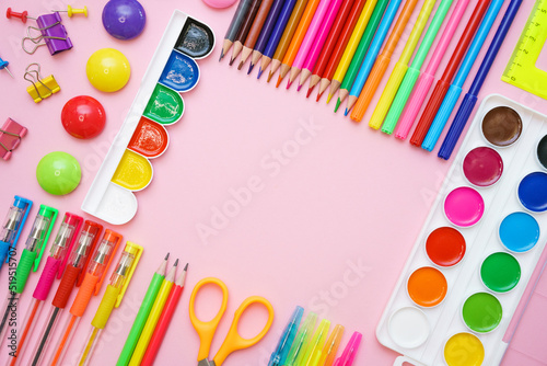 Preparation and study of elementary school children. Bright and colorful school experience with stationery accessories for learning common subjects. Flat, copy space, space for text.