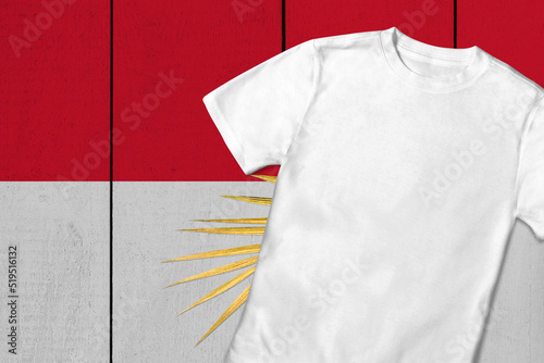 Patriotic t-shirt mock up on background in colors of national flag. Monaco