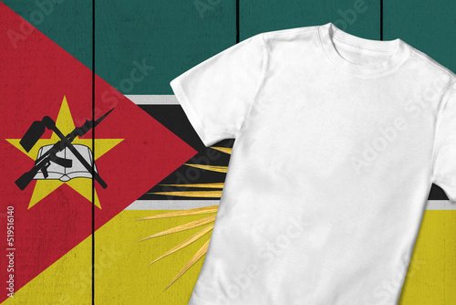 Patriotic t-shirt mock up on background in colors of national flag. Mozambique