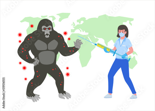 Woman doctor with vaccine syringe stop monkeypox virus epidemia vector illustration