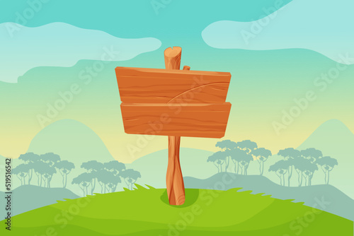 Game background landscape with wooden signboard in cartoon style. Magic scene, mountains and silhouette forest.