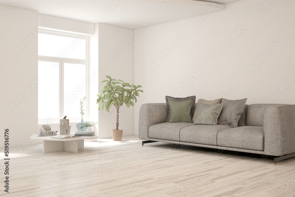 White living room with sofa. Scandinavian interior design. 3D illustration White living room with sofa. Scandinavian interior design. 3D illustration