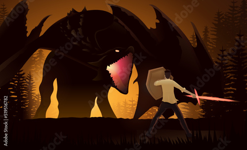 Businessman holding the light power sword and shield standing front the big fire dragon in pine forest Concept about Mindset, fighting, and challenge in business and working.