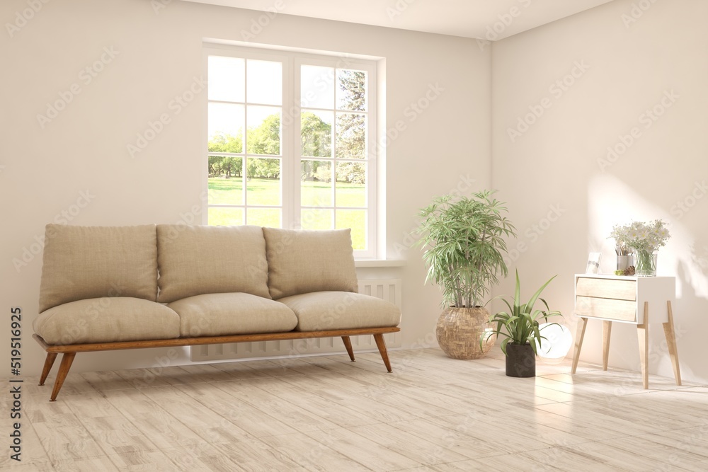 Fototapeta premium White living room with sofa and summer landscape in window. Scandinavian interior design. 3D illustration