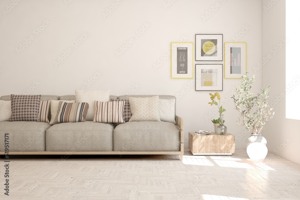 Fototapeta premium White living room with sofa. Scandinavian interior design. 3D illustration