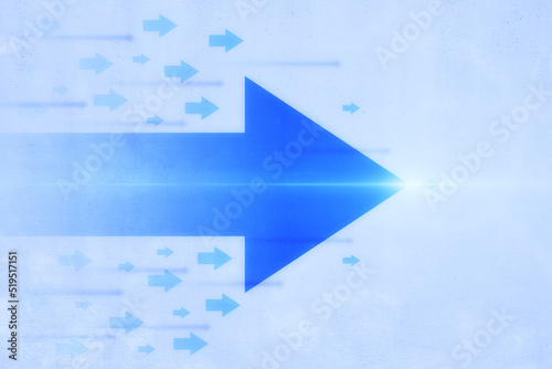 Abstract glowing digital arrows on white wall background. Future, innovation and fast concept. 3D Rendering.
